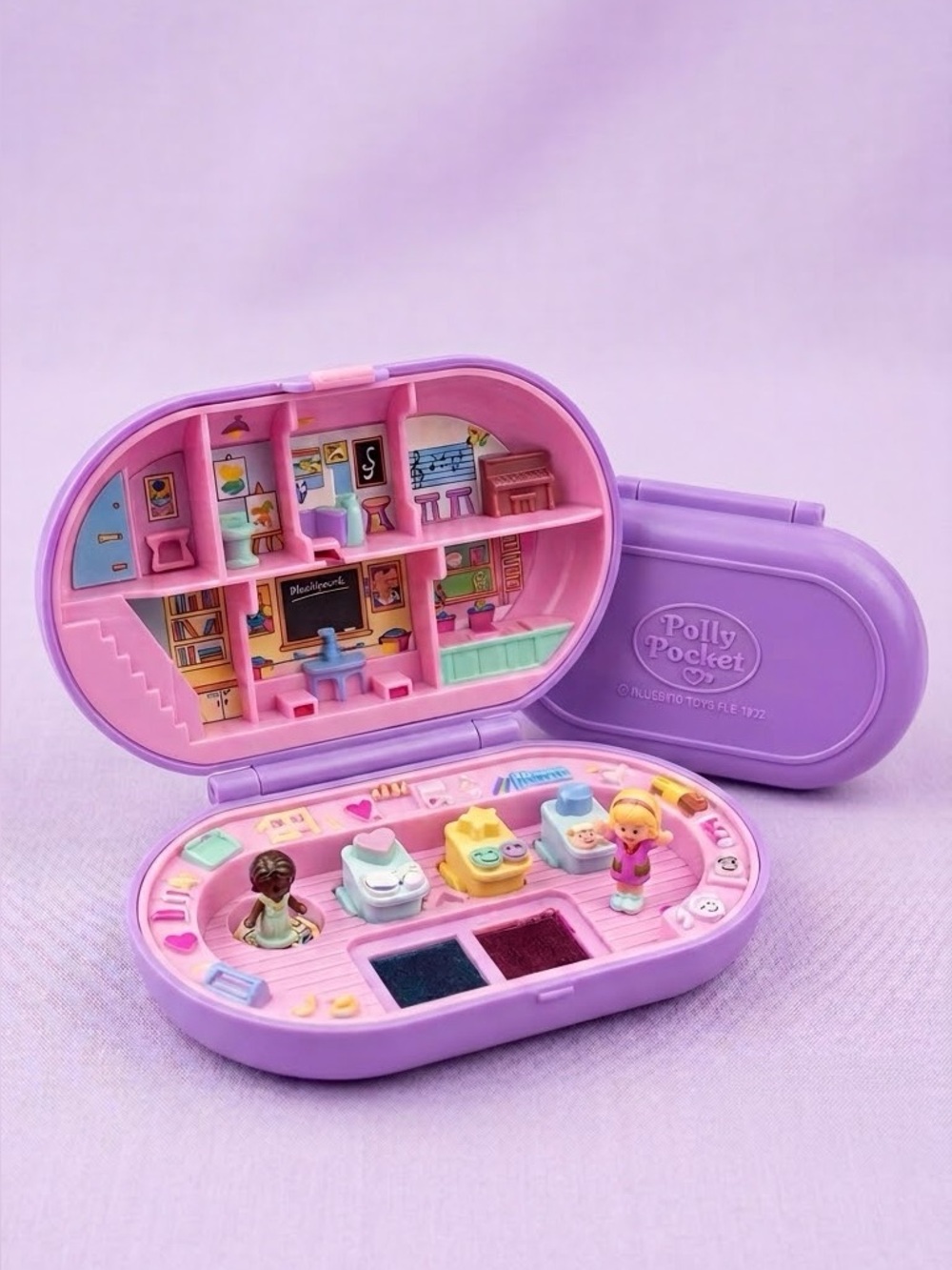 Vintage 1992 Polly Pocket School Days Stamp Compact Bluebird Toys 2 Figures